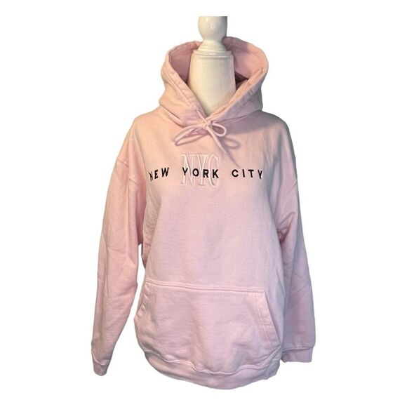 New York City NYC Embroidered Hoodie Sweatshirt Pink Black Fleece Pull-Over M - Picture 1 of 7